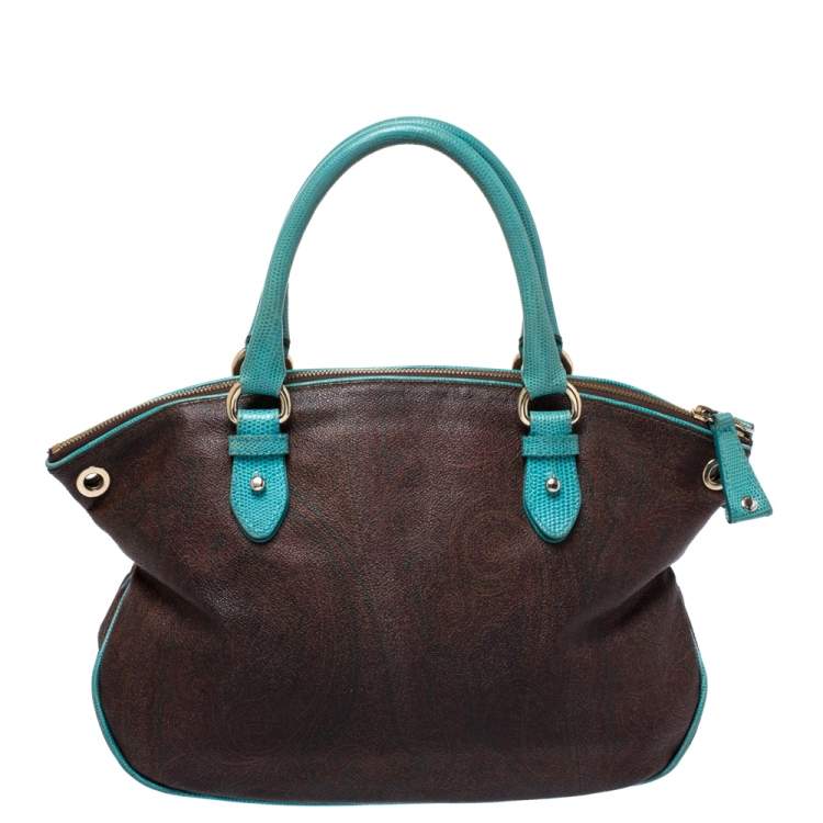 Pre Owned Etro Turquoise/Brown Paisley Coated Canvas Convertible Bag