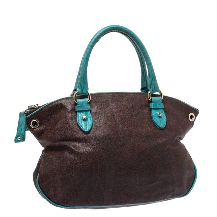 Pre Owned Etro Turquoise/Brown Paisley Coated Canvas Convertible Bag