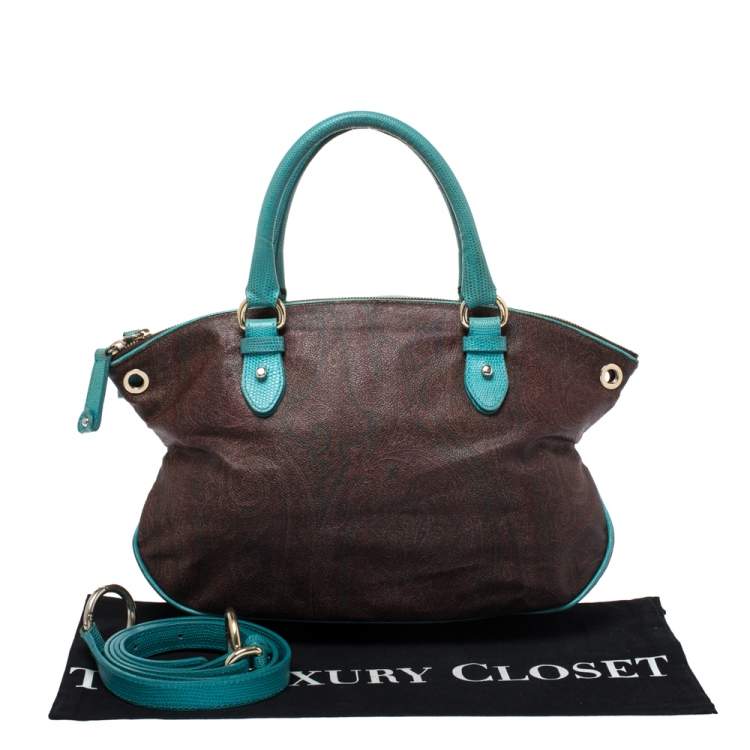Pre Owned Etro Turquoise/Brown Paisley Coated Canvas Convertible Bag