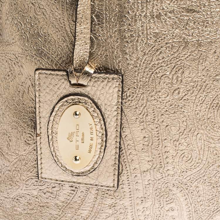 Pre Owned Etro Metallic Gold Paisley Embossed Leather Drawstring Tote