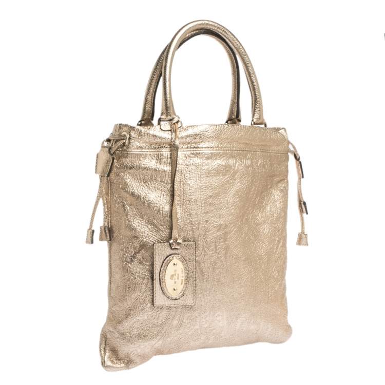 Pre Owned Etro Metallic Gold Paisley Embossed Leather Drawstring Tote