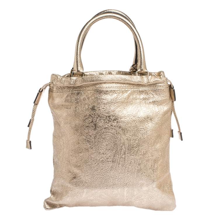 Pre Owned Etro Metallic Gold Paisley Embossed Leather Drawstring Tote
