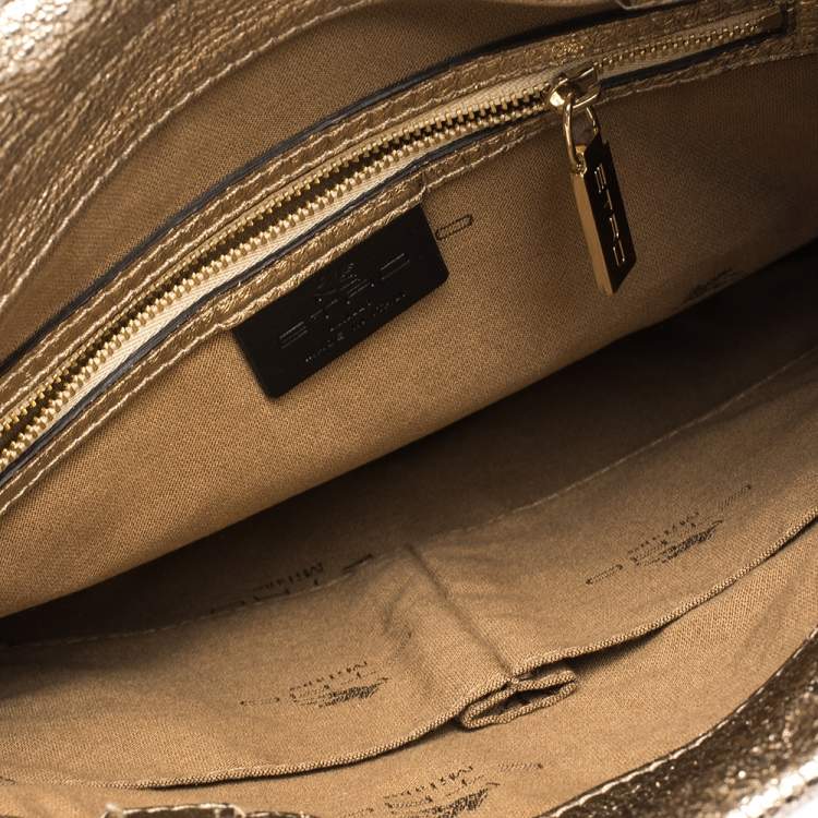 Pre Owned Etro Metallic Gold Paisley Embossed Leather Drawstring Tote