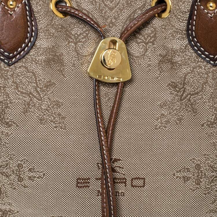 Pre Owned Etro Brown/Beige Printed Jacquard Fabric and Leather Drawstring Bag