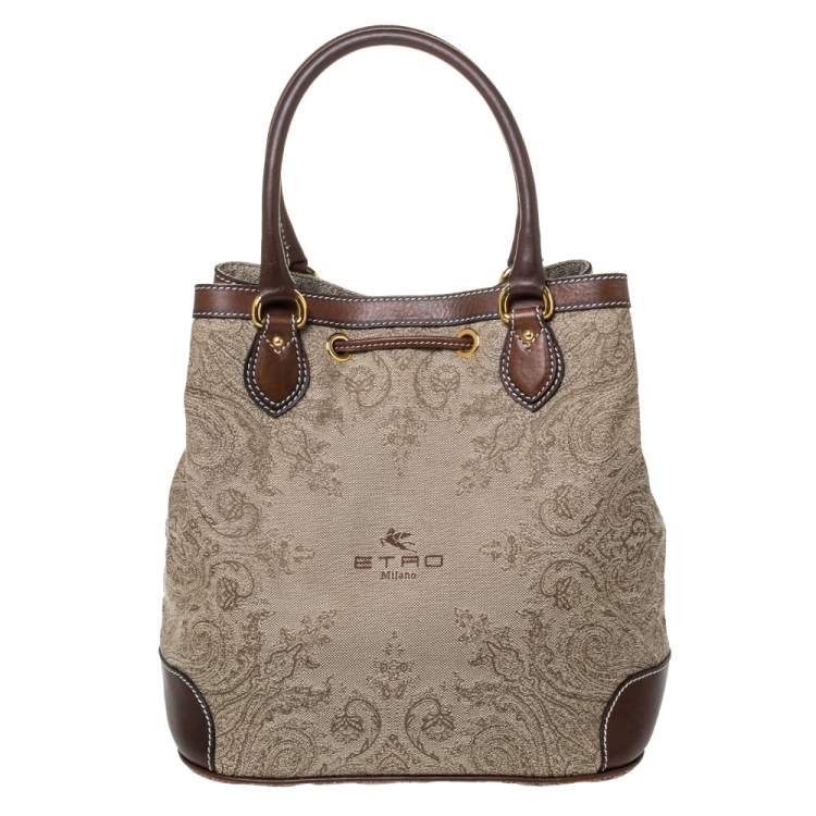 Pre Owned Etro Brown/Beige Printed Jacquard Fabric and Leather Drawstring Bag
