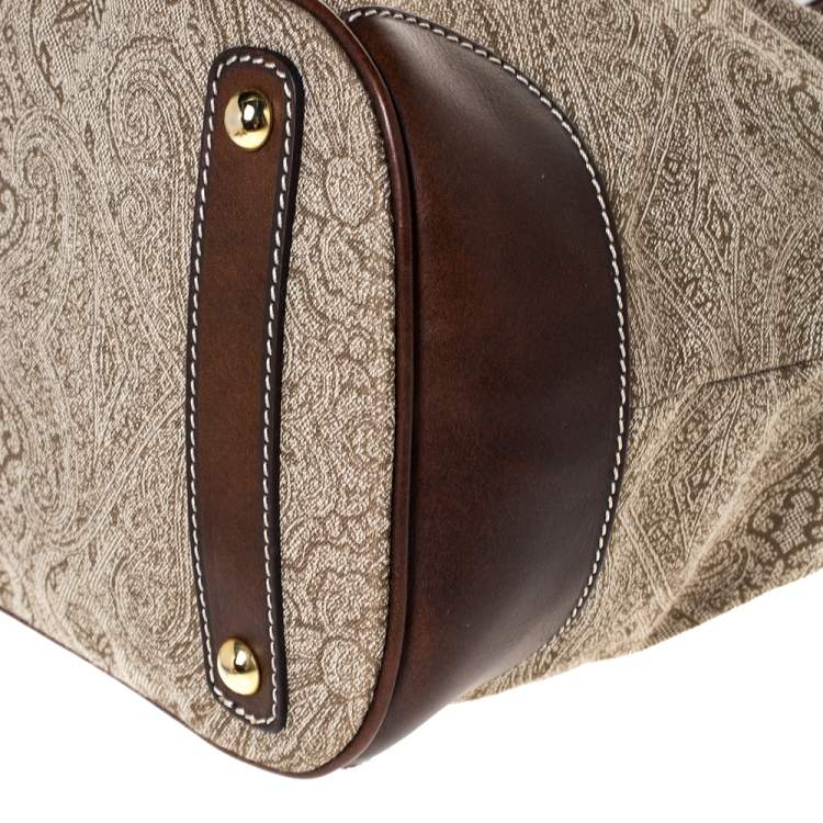 Pre Owned Etro Brown/Beige Printed Jacquard Fabric and Leather Drawstring Bag