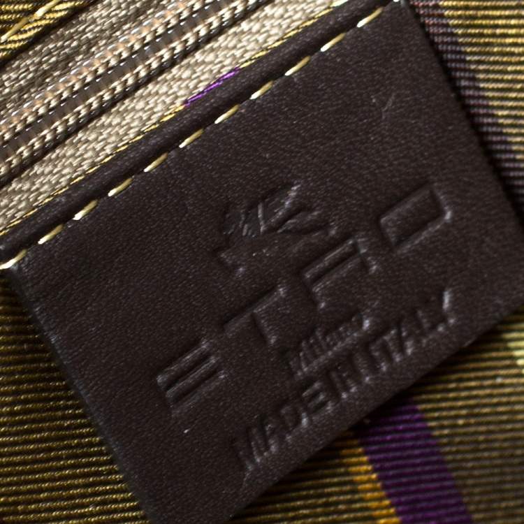 Pre Owned Etro Brown/Beige Printed Jacquard Fabric and Leather Drawstring Bag