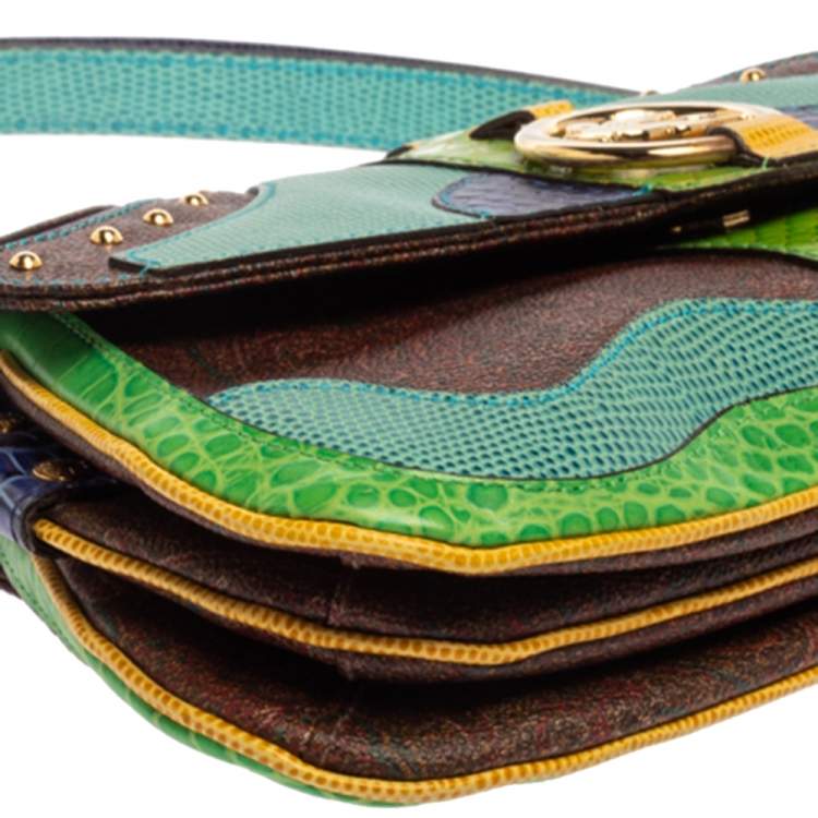 Pre Owned Etro Multicolor Paisley Print Coated Canvas and Exotic Embossed Leather Flap Shoulder Bag