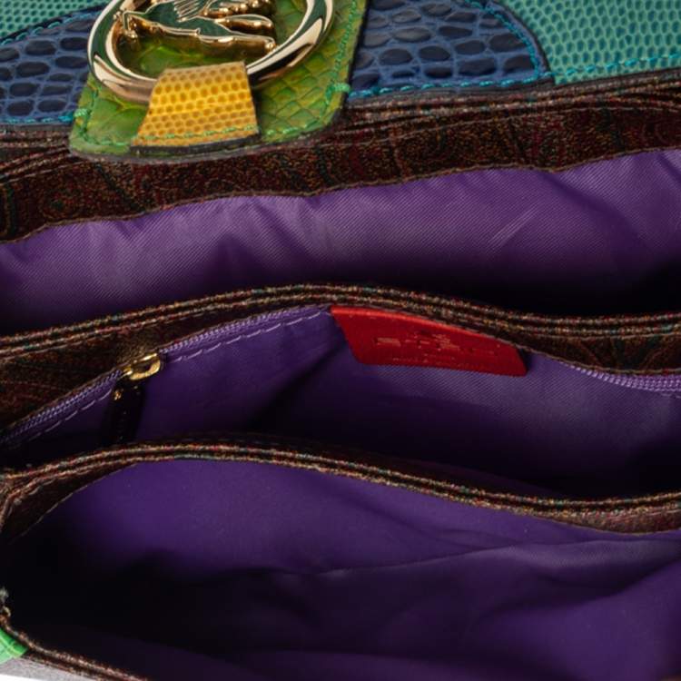 Pre Owned Etro Multicolor Paisley Print Coated Canvas and Exotic Embossed Leather Flap Shoulder Bag