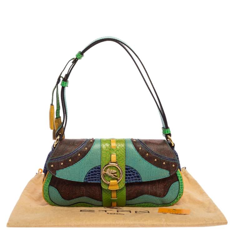 Pre Owned Etro Multicolor Paisley Print Coated Canvas and Exotic Embossed Leather Flap Shoulder Bag