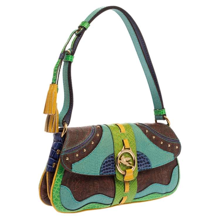 Pre Owned Etro Multicolor Paisley Print Coated Canvas and Exotic Embossed Leather Flap Shoulder Bag