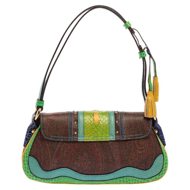Pre Owned Etro Multicolor Paisley Print Coated Canvas and Exotic Embossed Leather Flap Shoulder Bag