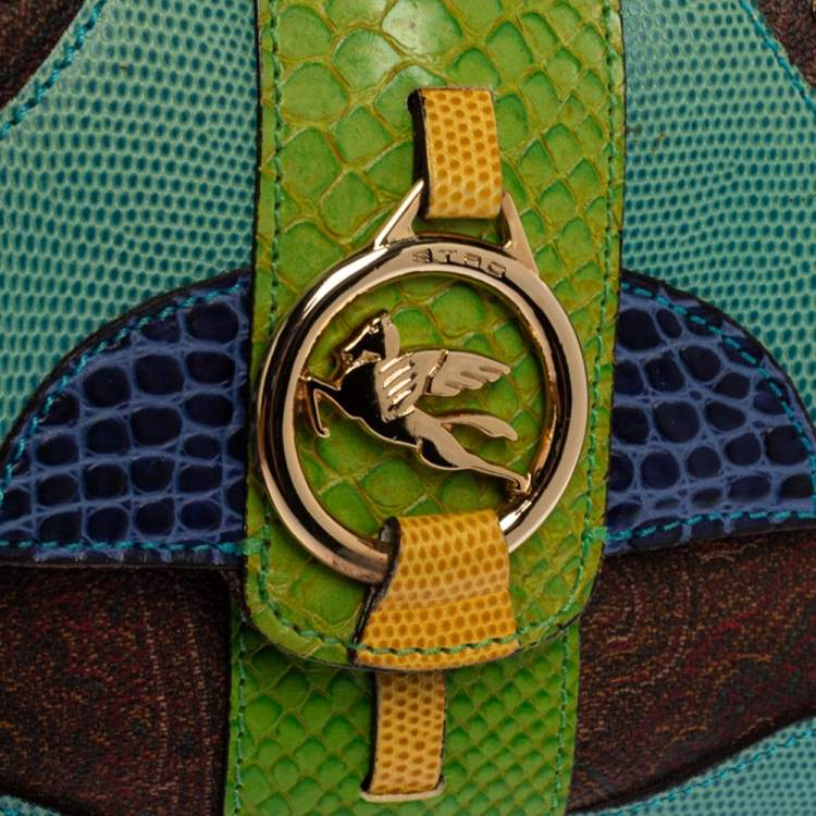 Pre Owned Etro Multicolor Paisley Print Coated Canvas and Exotic Embossed Leather Flap Shoulder Bag