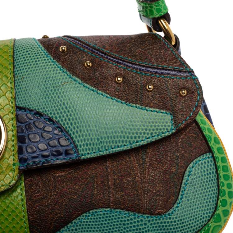 Pre Owned Etro Multicolor Paisley Print Coated Canvas and Exotic Embossed Leather Flap Shoulder Bag