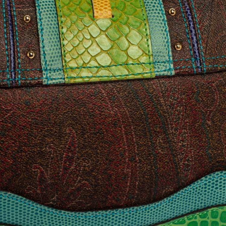 Pre Owned Etro Multicolor Paisley Print Coated Canvas and Exotic Embossed Leather Flap Shoulder Bag