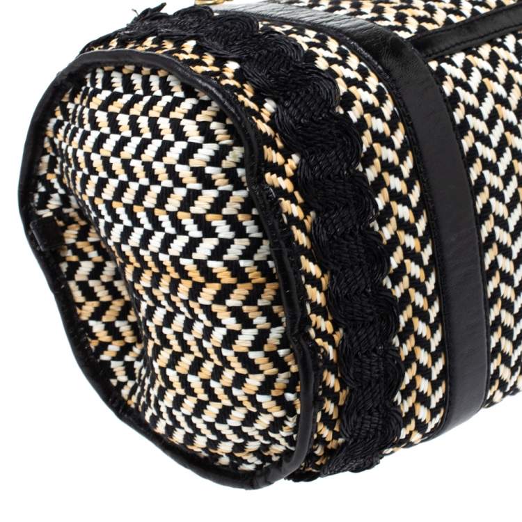 Pre Owned Etro Black/Beige Woven Straw and Leather Boston Bag