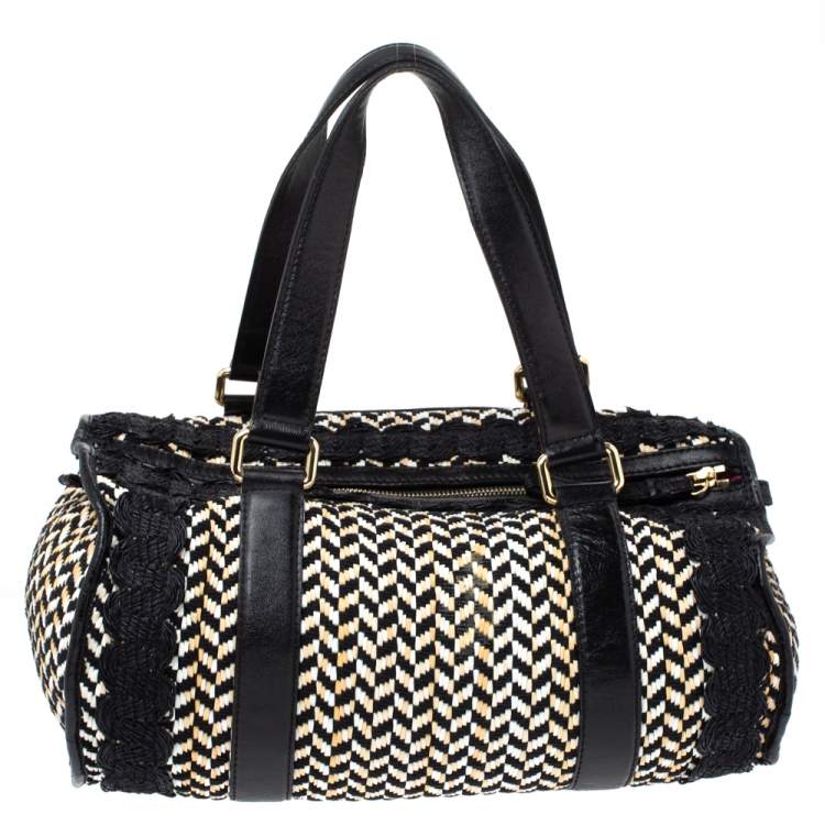 Pre Owned Etro Black/Beige Woven Straw and Leather Boston Bag