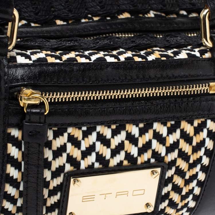 Pre Owned Etro Black/Beige Woven Straw and Leather Boston Bag