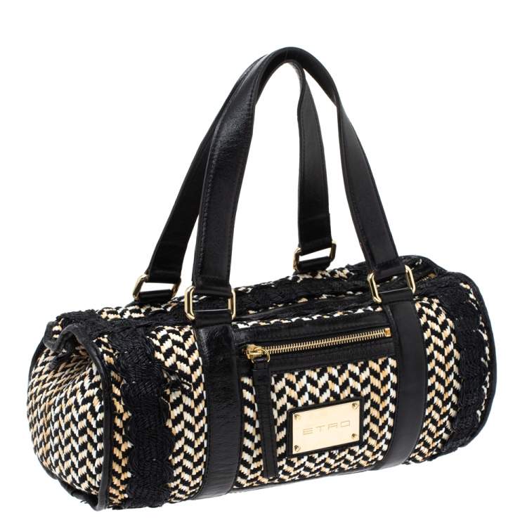 Pre Owned Etro Black/Beige Woven Straw and Leather Boston Bag