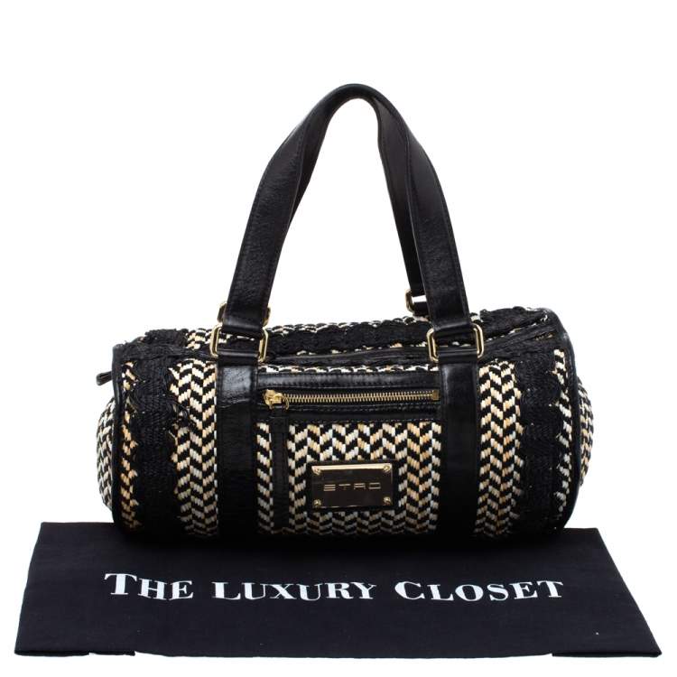 Pre Owned Etro Black/Beige Woven Straw and Leather Boston Bag