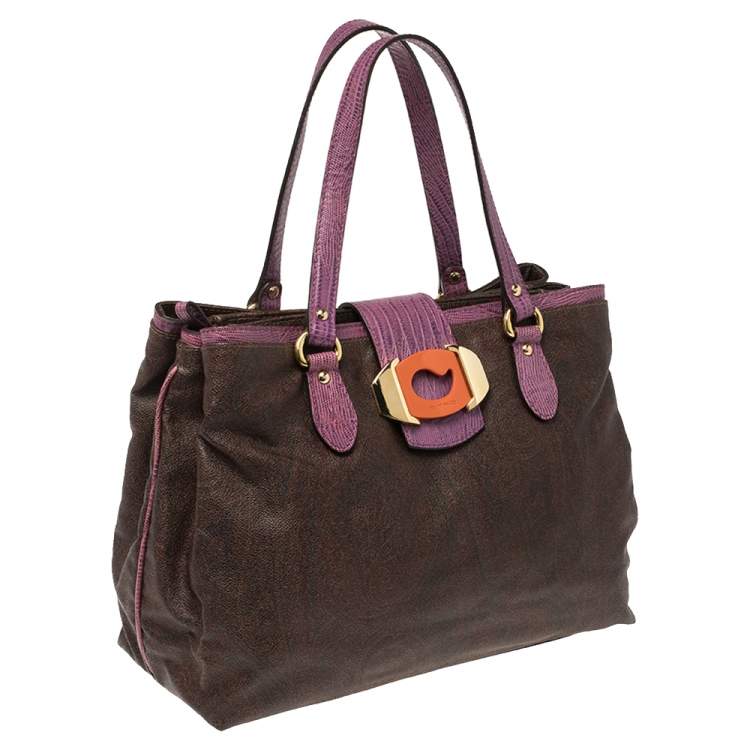 Pre Owned Etro Brown/Purple Paisley Printed Canvas and Lizard Embossed Leather Tote