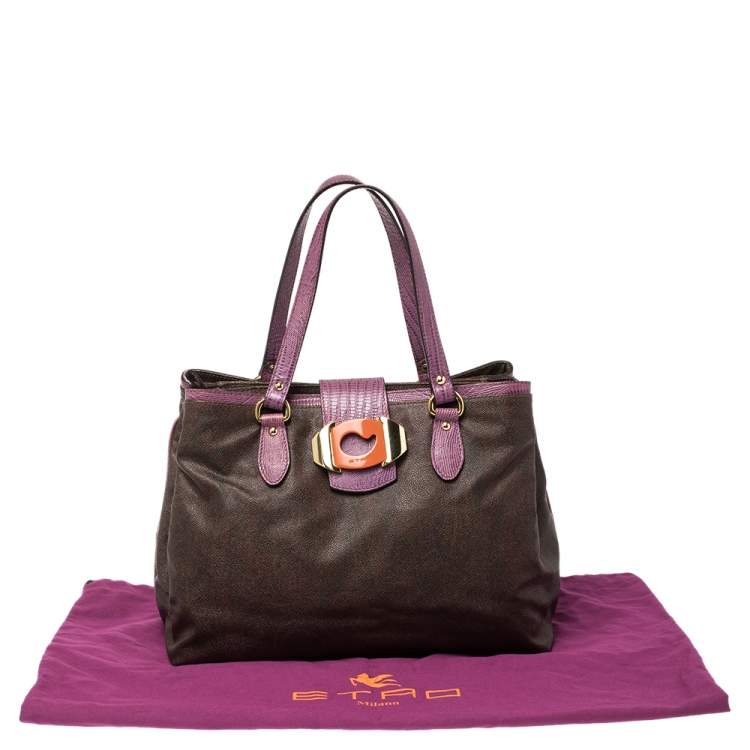 Pre Owned Etro Brown/Purple Paisley Printed Canvas and Lizard Embossed Leather Tote