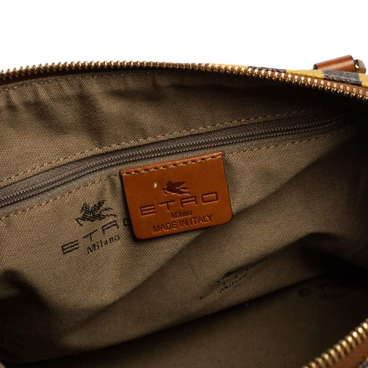 Pre Owned Etro Brown/Yellow Striped Paisley Prited Coated Canvas Bowler Bag