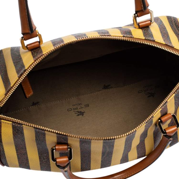Pre Owned Etro Brown/Yellow Striped Paisley Prited Coated Canvas Bowler Bag
