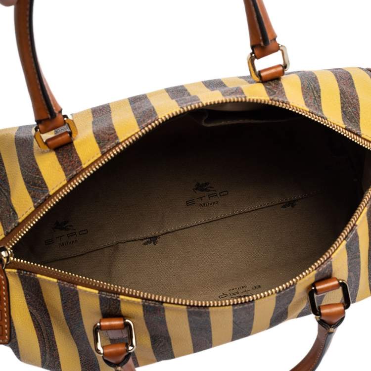 Pre Owned Etro Brown/Yellow Striped Paisley Prited Coated Canvas Bowler Bag