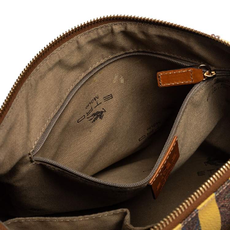 Pre Owned Etro Brown/Yellow Striped Paisley Prited Coated Canvas Bowler Bag