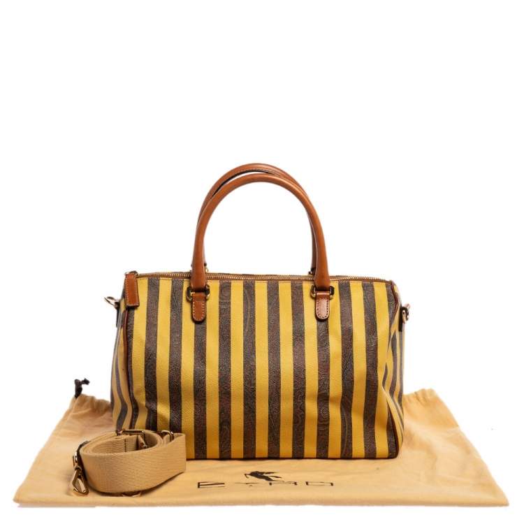 Pre Owned Etro Brown/Yellow Striped Paisley Prited Coated Canvas Bowler Bag