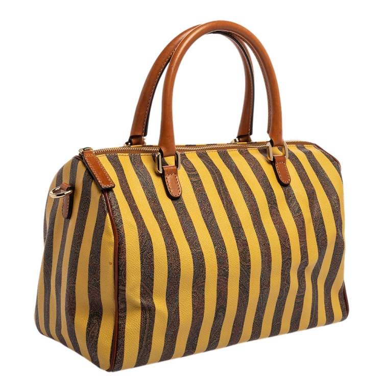 Pre Owned Etro Brown/Yellow Striped Paisley Prited Coated Canvas Bowler Bag
