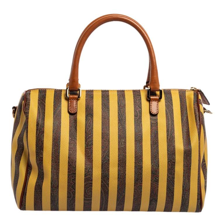 Pre Owned Etro Brown/Yellow Striped Paisley Prited Coated Canvas Bowler Bag