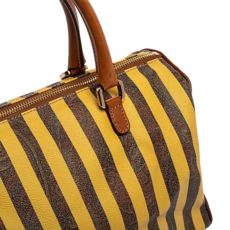 Pre Owned Etro Brown/Yellow Striped Paisley Prited Coated Canvas Bowler Bag