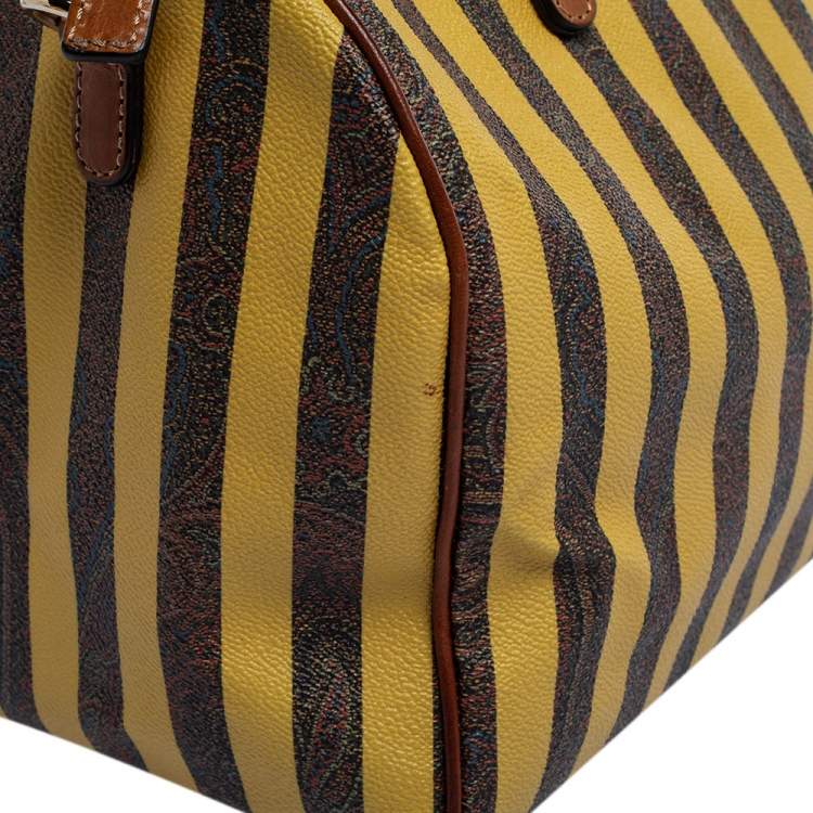 Pre Owned Etro Brown/Yellow Striped Paisley Prited Coated Canvas Bowler Bag