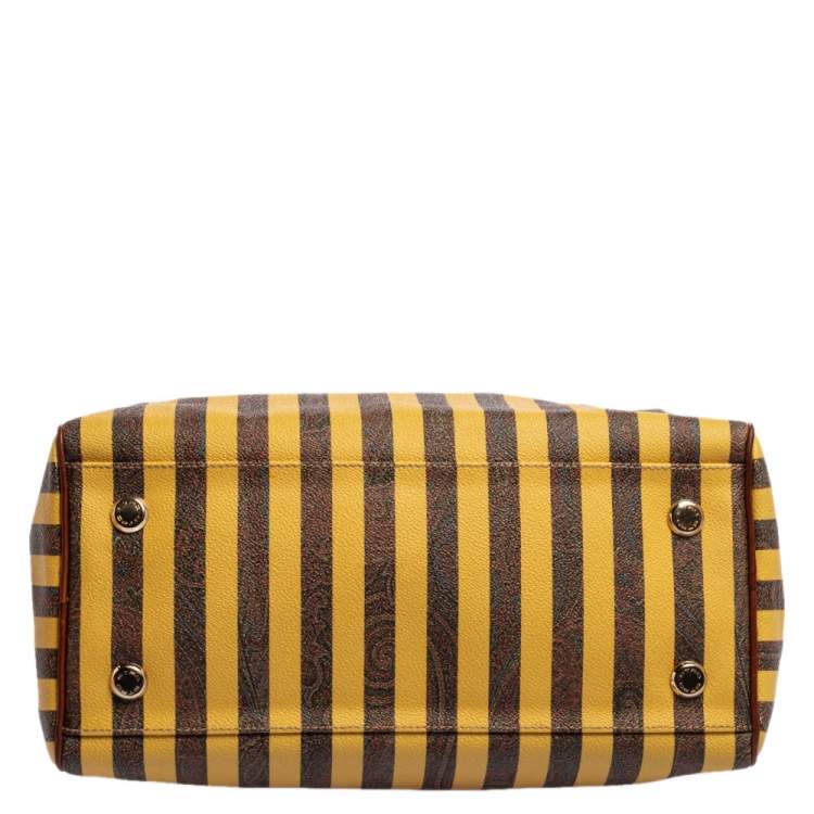 Pre Owned Etro Brown/Yellow Striped Paisley Prited Coated Canvas Bowler Bag