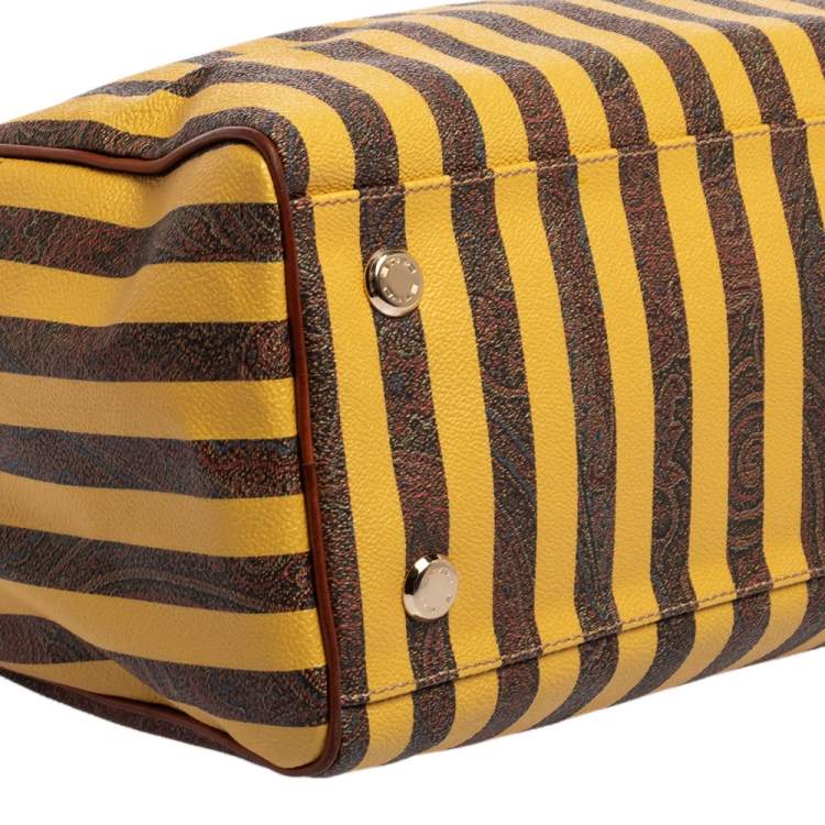 Pre Owned Etro Brown/Yellow Striped Paisley Prited Coated Canvas Bowler Bag