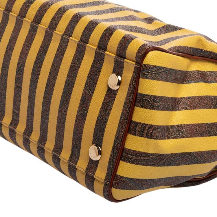 Pre Owned Etro Brown/Yellow Striped Paisley Prited Coated Canvas Bowler Bag