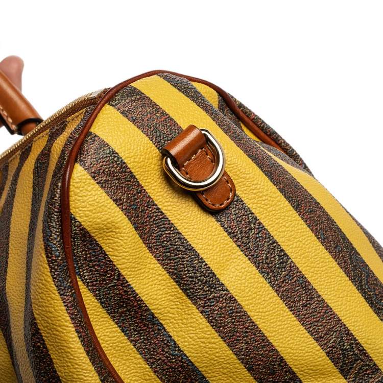 Pre Owned Etro Brown/Yellow Striped Paisley Prited Coated Canvas Bowler Bag