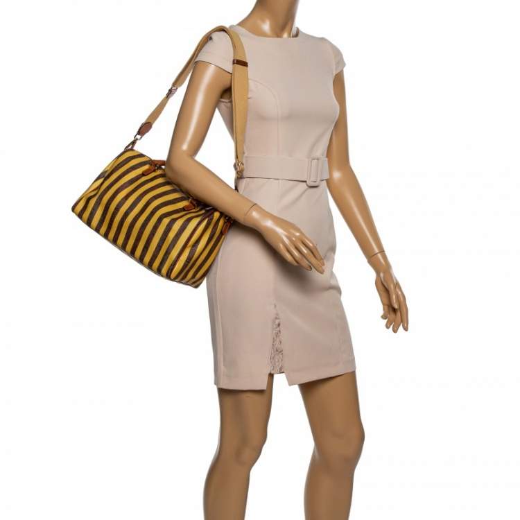 Pre Owned Etro Brown/Yellow Striped Paisley Prited Coated Canvas Bowler Bag