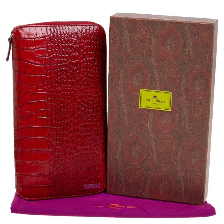 Pre Owned Etro Red Croc Embossed Leather Zip Around Organizer Wallet