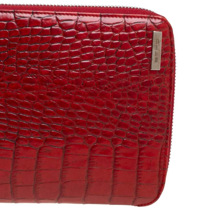 Pre Owned Etro Red Croc Embossed Leather Zip Around Organizer Wallet