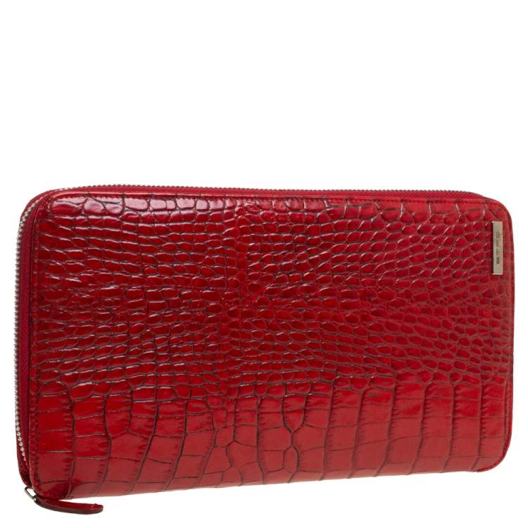 Pre Owned Etro Red Croc Embossed Leather Zip Around Organizer Wallet