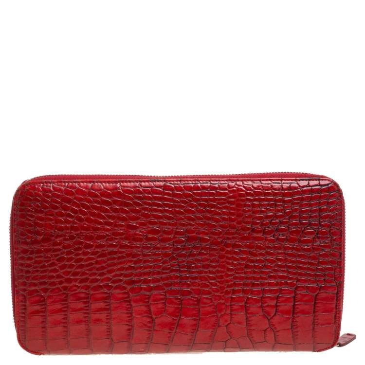 Pre Owned Etro Red Croc Embossed Leather Zip Around Organizer Wallet
