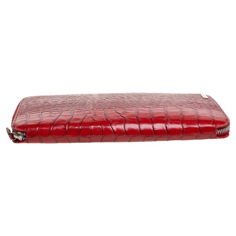 Pre Owned Etro Red Croc Embossed Leather Zip Around Organizer Wallet