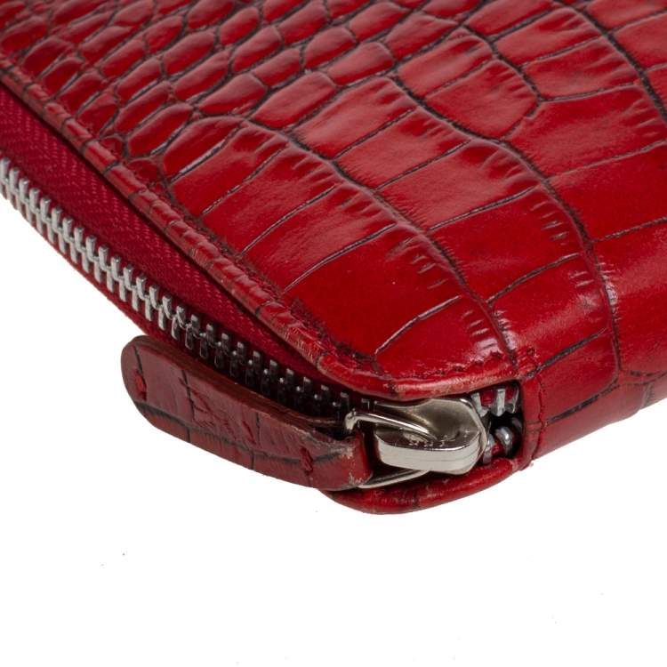 Pre Owned Etro Red Croc Embossed Leather Zip Around Organizer Wallet