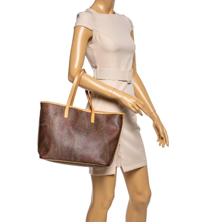 Pre Owned Etro Brown Paisley Printed Coated Canvas and Leather Shopper Tote