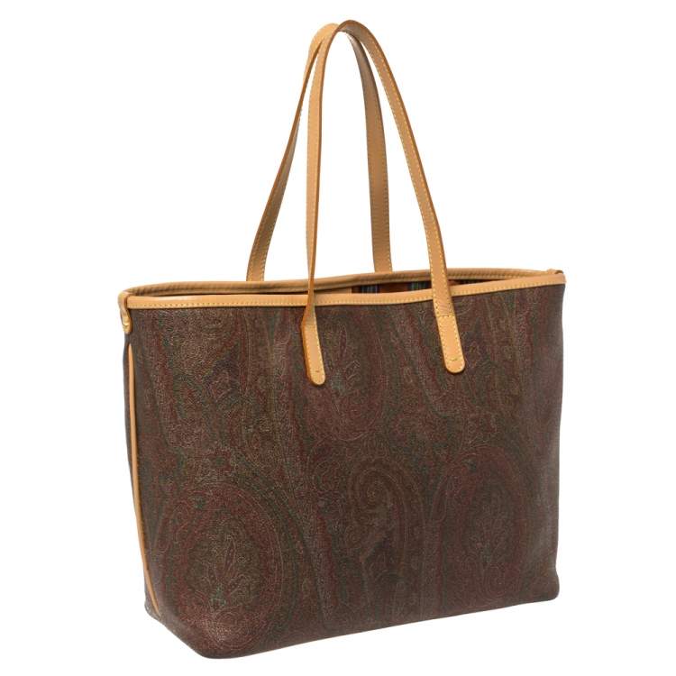 Pre Owned Etro Brown Paisley Printed Coated Canvas and Leather Shopper Tote