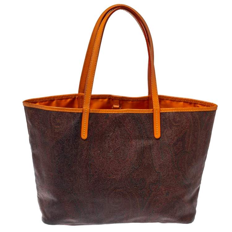 Pre Owned Etro Brown/Orange Paisley Coated Canvas Small Shopper Tote