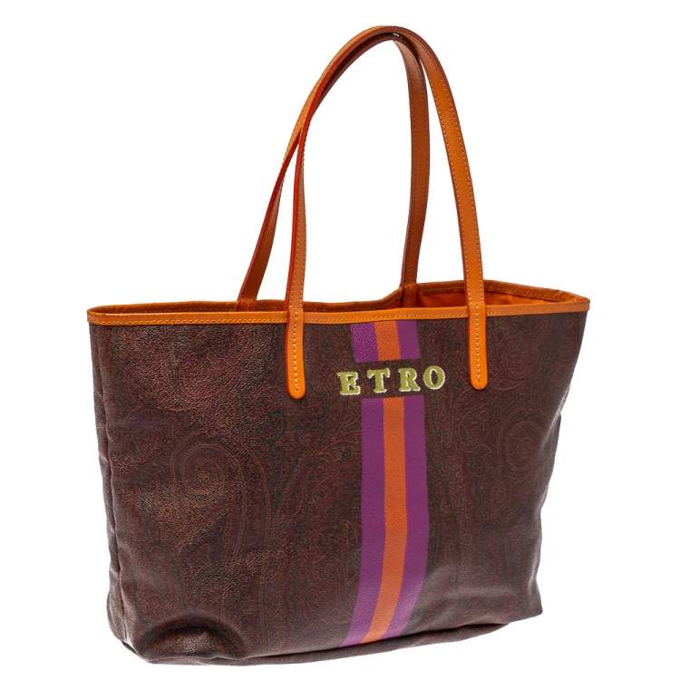 Pre Owned Etro Brown/Orange Paisley Coated Canvas Small Shopper Tote